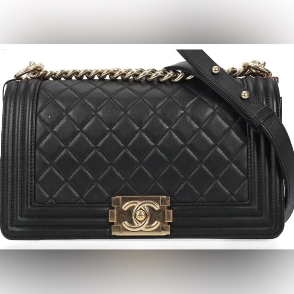 CHANEL Black Quilted Lambskin Leather Boy Bag with Aged Gold Hardware